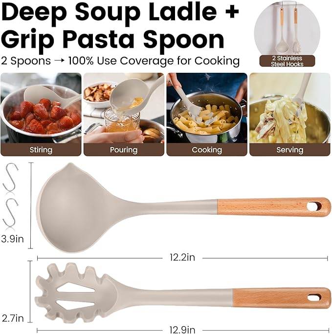 Silicone Soup Ladle Spoon, Kitchen Soup Cooking Spoons Set, Large Spaghetti spoon, Nonstick Pasta Spoon, Heat Resistant Pasta Fork for Serving Soup, Noodle, Sauce