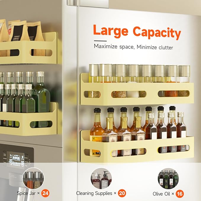 4 Pack Magnetic Spice Rack for Refrigerator, Spice Rack Organizer, Moveable Magnetic Shelf Fridge Organizer with 4 Hooks for Kitchen and Oven Organization, Yellow