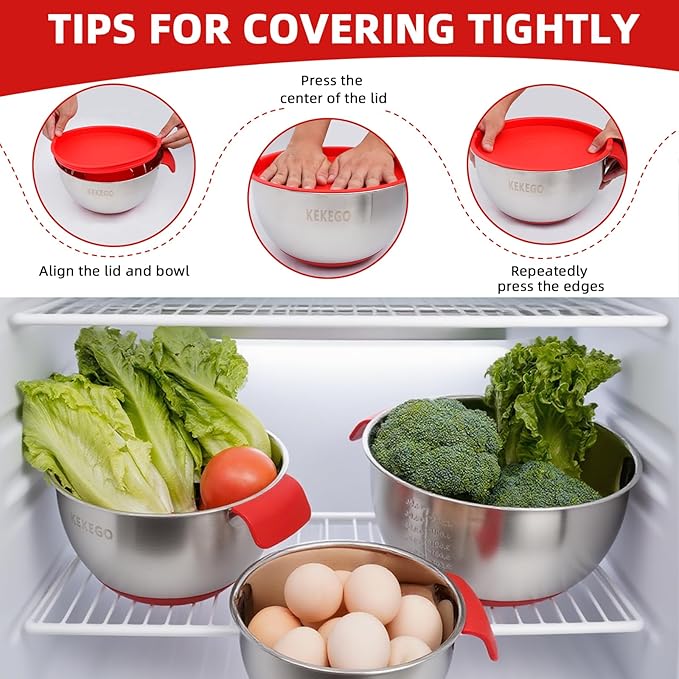 7-Pcs Stainless Steel Mixing Bowls Set with Handles, Nesting Metal Bowls with Lids & Strainer, Base for Baking, Cooking & Meal Prep (1.2/2.5/4.5 QT)