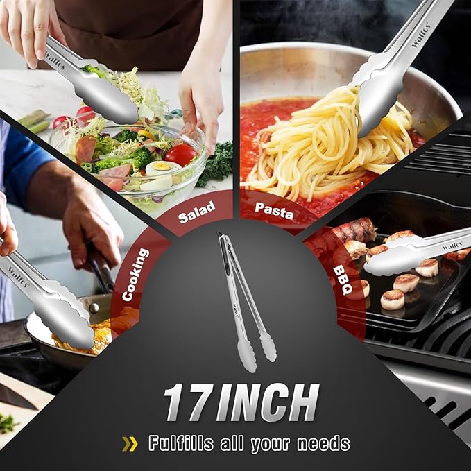 Walfos 17 Inch Extra Long Grill Tongs, Ultimate Stainless Steel BBQ Tongs for Grilling, Cooking, BBQ/Barbecue, Buffet and Turning Food