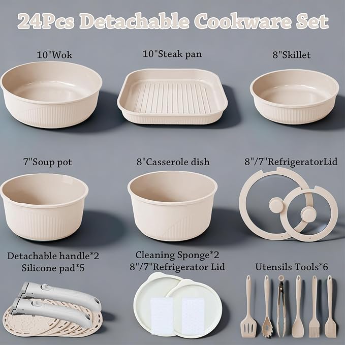 24 Pcs pots and pans set,pots and pans set non stick,Oven-safe and dishwasher-safe,PFAS/PFOA Free,Induction Dishwasher Oven Safe cookware set (White)
