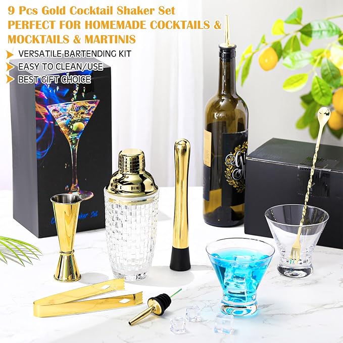 Pickmesh 9 Pcs Cocktail Shaker Set 13 oz Glass Cocktail Shaker with Built-in Strainer, 2 Martini Glasses, Shakers Bartending Drink Mixer Set Drink Mixer Gifts for Dad, Boyfriend, Husband (Gold)