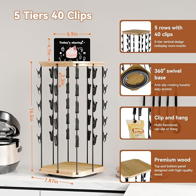 Chip Rack Display Stand, 5 Tiers 40 Clips Snack Organizer, 360°Rotating Wooden Base Chip Display Rack for Concession Stand, Countertop, Snack Stand, Party, With Message Board