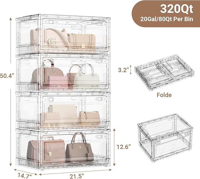 BROVIEW 320Qt Stackable Storage Bins with Lids Wheels, Crystal Clear Shiny Storage Cabinet Plastic Drawer Foldable Closet Organizers Display Box with Front & Back Doors, for Home Office Garage,4Pack