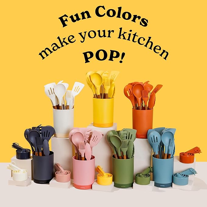 Silicone Kitchen Utensils Set & Holder: Cooking Utensils Set - Kitchen Essentials for New Home & 1st Apartment- Silicone Spatula Set, Cooking Spoons for Nonstick Cookware (Acacia Wood, Blue)