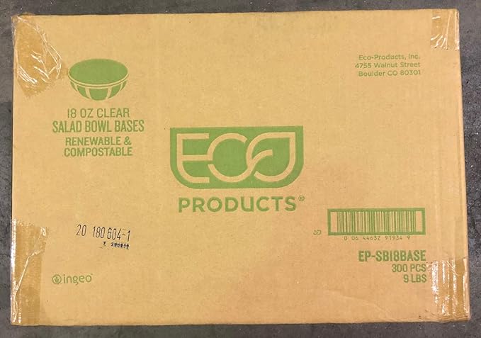ECO PRODUCTS Compostable 18oz Salad Bowl, Clear PLA Plastic, No Lid, Case of 300, Disposable Round To Go Cold Food Containers, Lids Sold Separately, Renewable PLA Material Made from Plants, ASTM, BPI