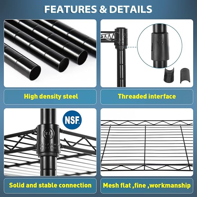 5-Shelf Storage Shelves Metal Shelving Unit NSF Garage Storage Rack Adjustable Wire Shelves Organizer for Kitchen Closet Basement, 750 Lbs Capacity, 16.7" L × 11.8" W × 47.6" H, Black