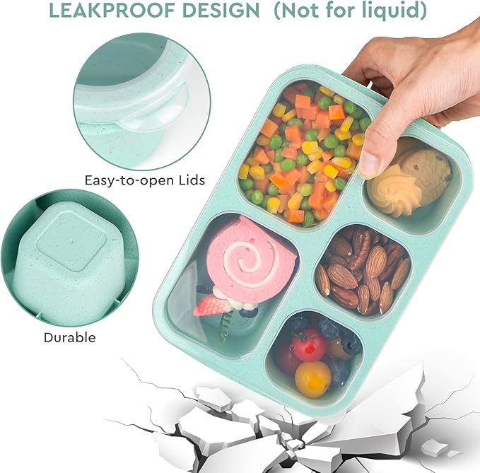 Bento Lunch Boxes - Reusable 5-Compartment Food Lunchables Containers, Snack Boxes For Adults Container for School, Work, and Travel, Set of 4 (Wheat)