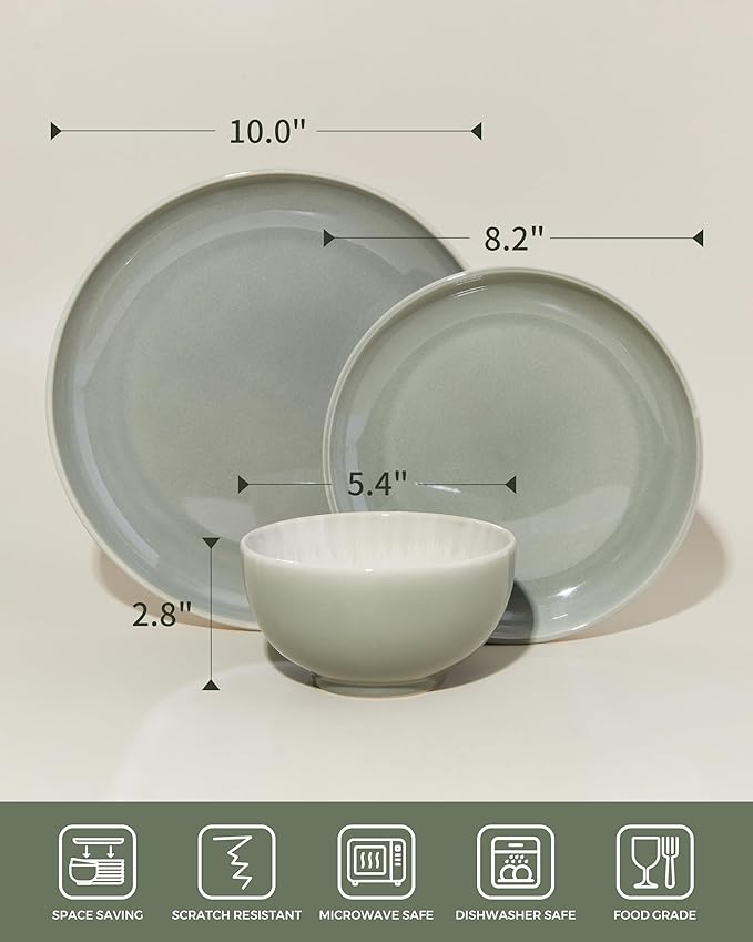 Stoneware Dinnerware Sets for 6, Microwave Safe Plate and Bowl Set, Easy to Clean & Durable Dishes Sets for Small to Medium Families, Gray Green