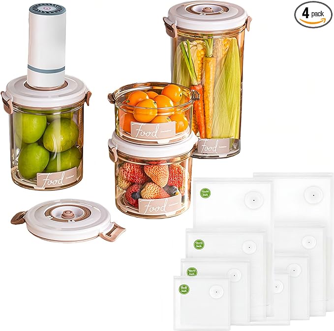 Vacuum Container,Vacuum Seal Containers,4pcs Airtight Food Storage Containers with Lids,8pcs Food Vacuum Bags/ 1pc Automatic Pump, Marinade and Keep Food Fresh with Time Dial, BPA Free(Circular)