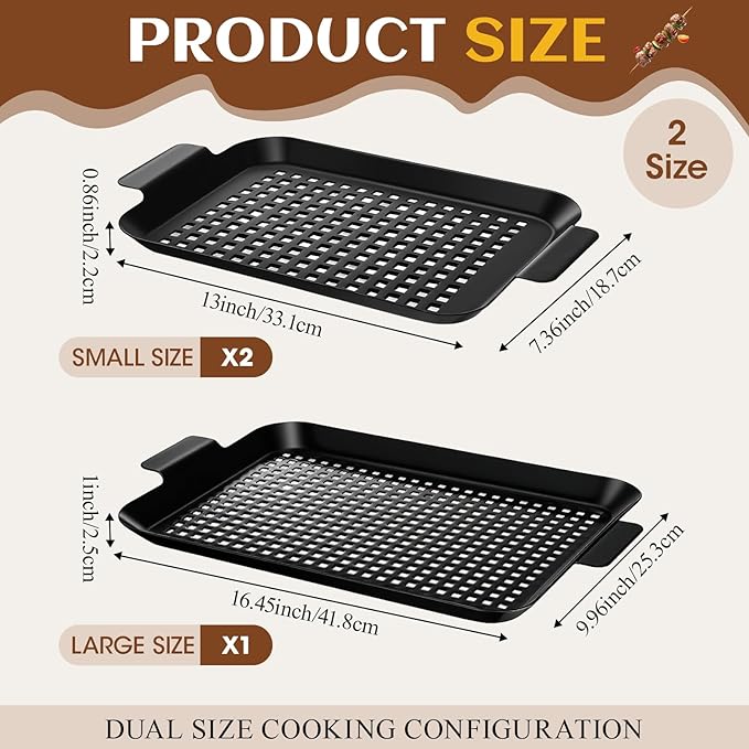3 Pack Grill Topper Pans for Outdoor Grill Stainless Steel Nonstick Grilling Baskets with Holes and Handles Heavy Duty Perforated Grilling Tray Barbecue Accessories for Vegetable, 2 Size