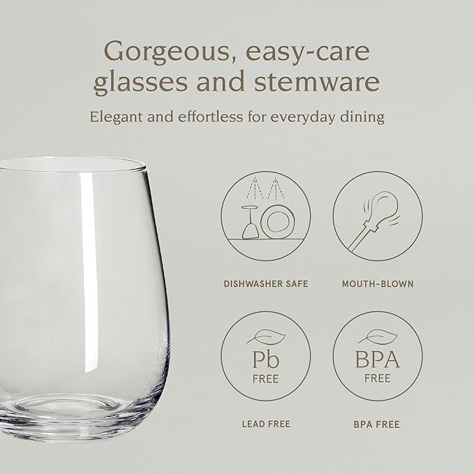 over&back 18oz Traditional Glassware - Set of 4 Classic Stemless Drinking Glasses for Parties, Get-togethers, and More - Mouth-Blown - Wine Cups for Kitchen and Dining Room - Clear