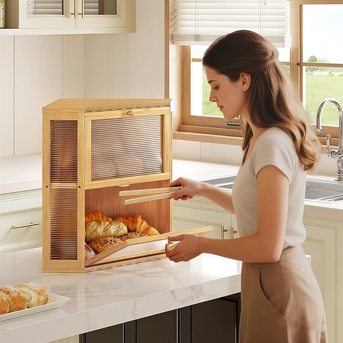 WOWLIVE Corner Bread Box for Kitchen Countertop, Double Layer Bamboo Bread Storage Container, Large Farmhouse Bread box with Acrylic Wavy Door Panel, Under Cabinet Organizer (Natural, Extra Large)