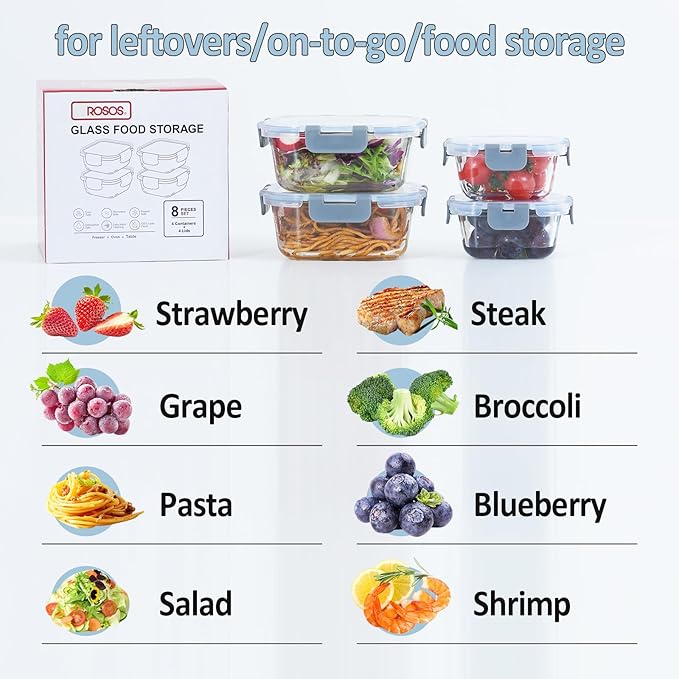 Glass Food Storage Containers with Lids, 4 Pack, Airtight, Leak Proof, BPA Free, Oven/Dishwasher Safe, Grey