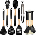 Kitchen Utensils Set - 7 PCS Non-Stick Silicone Cooking Utensils Set with Wooden Handle,Kitchen Gadgets Tools Set for Nonstick Cookware (Black-7Max)