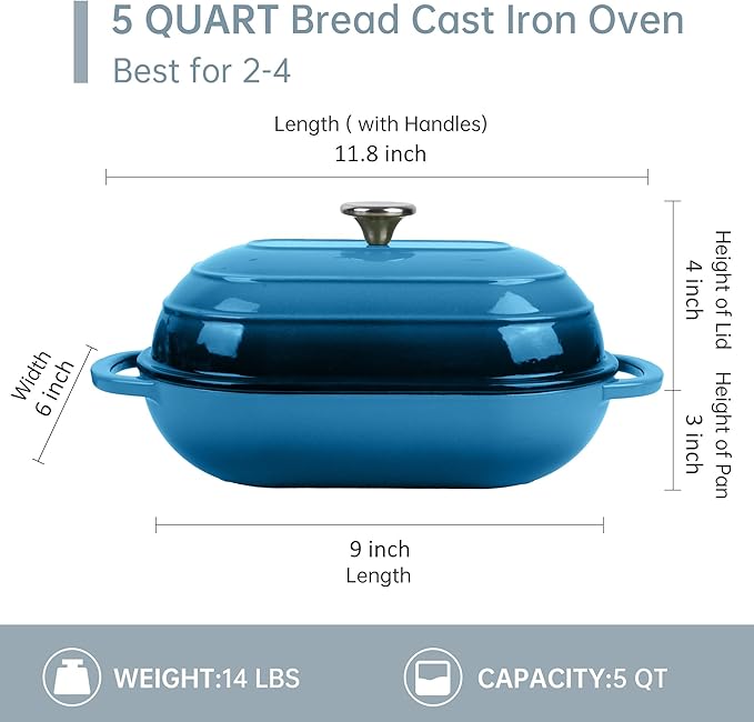 Premium Enameled Cast Iron Dutch Oven for Bread Baking | Non-Stick 5QT Oval Bread Oven with Lid | Perfect for Sourdough, Loaf, and Artisan Baking (Oval Blue, 5 QT)