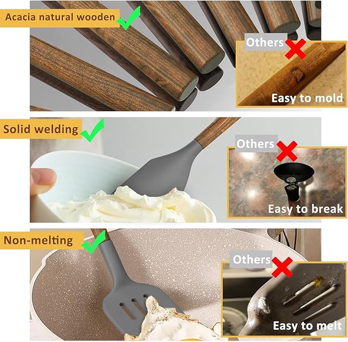 Umite Chef Silicone Cooking Utensil Set, 8-Piece Kitchen Utensils Set with Natural Acacia Wooden Handles,Food-Grade-Silicone Kitchen Gadgets and Spatula Set for Nonstick Cookware - Grey