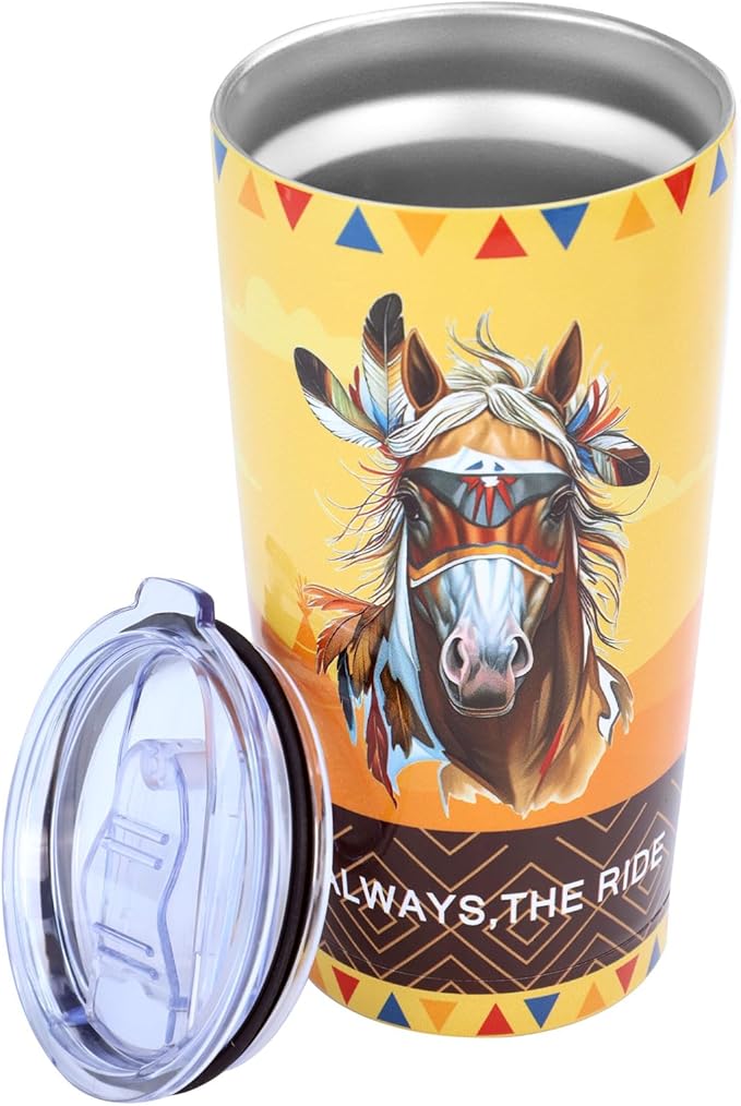 20oz Stainless Steel Double Vacuum Insulated Tumbler | Western Indian Tribe Horse Art, Leak-Proof Travel Mug Cup for Hot/Cold Drinks (5H Hot, 20H Cold)