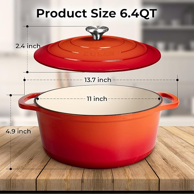 Zulay Kitchen 6 Quart Enameled Cast Iron Dutch Oven Pot with Lid – Premium Durability & Oven Safe up to 500°F – Heavy Duty Cookware Perfect for Bread Baking, Stews, Braising & Roasting – Orange