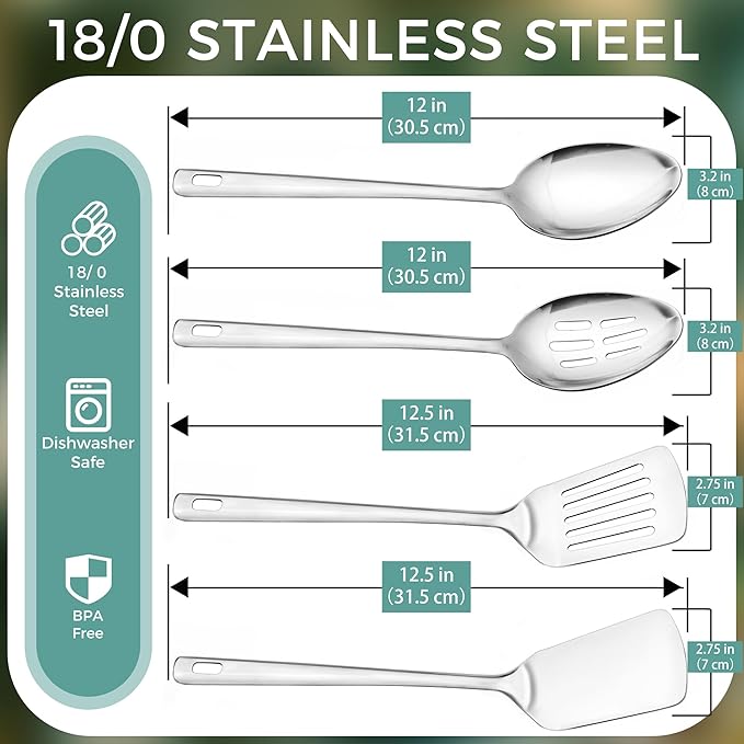 12-in Serving Spoons & Spatula Set, 18/0 Stainless Steel Cooking Utensil for Kitchen Buffet Home Hotel Restaurant