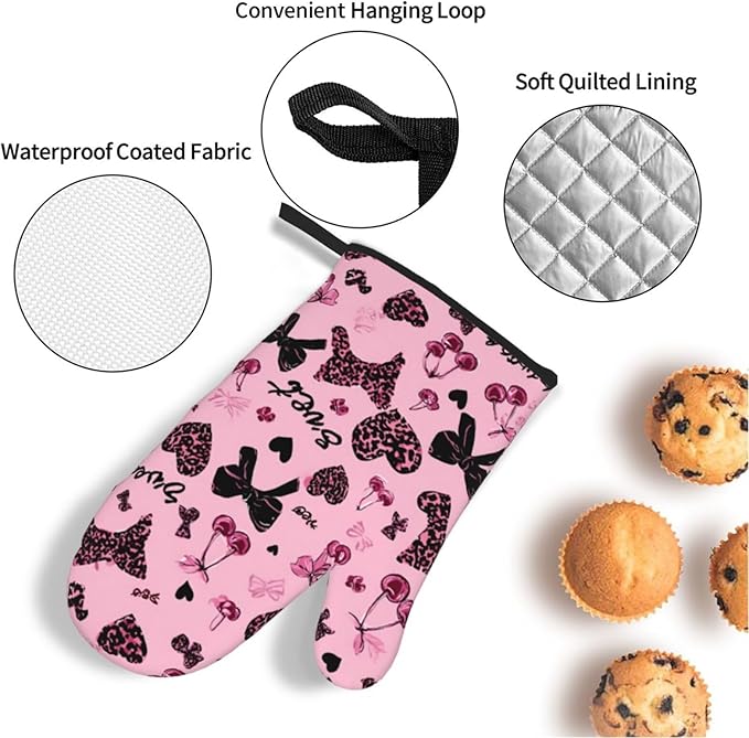 Oven Mitts Lovely Pink Heat Resistant Silicone Oven Mitts Set of 4,Oven Gloves for Cooking BBQ, Suitable for Barbecues Baking Cooking Microwave Cooking Gift