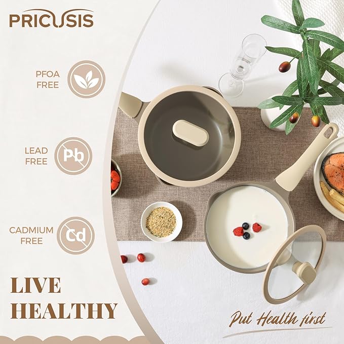 Nonstick Saucepan Set with Lids, 2QT and 2.7QT Ceramic Sauce Pan Set, Non Toxic Sauce Pots with Pour Spouts for Multipurpose Use, PTFE, PFOA & PFAS Free, Induction Compatible, Apricot
