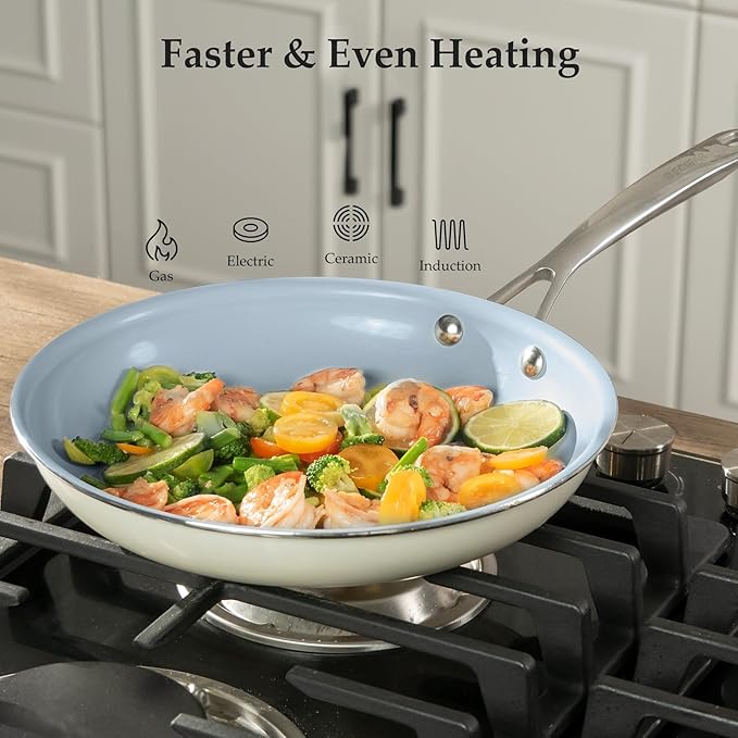 Ceramic Frying Pan Set with Stainless Steel Handle - Perfect Cookware Set for Steak & Non Stick Cooking - Ceramic Pans Set Non Stick Trendy Essential for Young Chefs(Cream White)