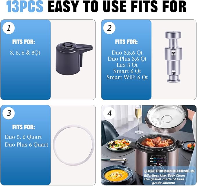 13 Pcs Sealing Ring 5, 6 Qt,For Duo Plus 6 Quart Electric Pressure Cooker Valve Replacement Parts With Include Silicone Gasket Steam Release Valve Float Valve Anti-Block Shield Condensation Collector