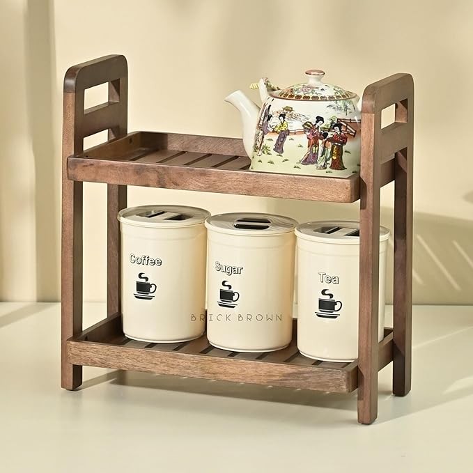 Brick Brown Premium Cocoa Kitchen Wooden Organizer 2-Tiered Serving Stand| Display Snacks, Fruits & Desserts | Kitchen & Dining Organizer in Mahogany Finish (Self Assembly)