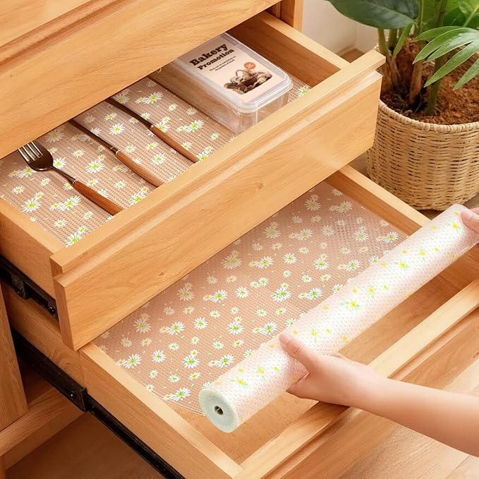 FEXIA Shelf Liner 12 Inch x 20 FT Daisy Non Slip Waterproof Cabinet and Drawer Liner for Kitchen Cabinet Refrigerator Pantry Closet Durable Non Adhesive