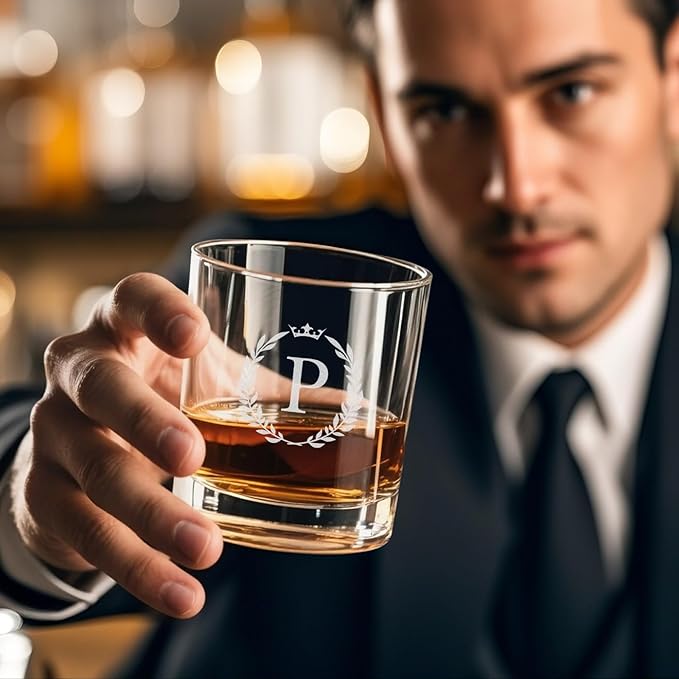 Personalized Whiskey Glasses Gifts for Men, Monogrammed Engraved A-Z 10.6 oz Rocks Glass Customized Gift, Unique Christmas Birthday Gifts for Men Him Dad Husband Brother Son (P)