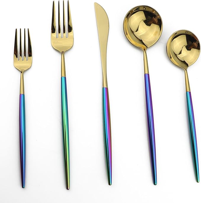 20-Piece Coloful Rainbow Handle Gold Flatware Set, Mirror 18/10 Stainless Steel, Service for 4