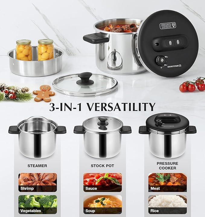 KOCH SYSTEME CS Pressure Cooker Stainless Steel, 6.3 QT Olla de Presion, Easy One-Press Lock, 3 PSI Settings Pressure Cooker, Save 70% Time, Gas & Induction Compatible, Glass Lid & Steamer Rack