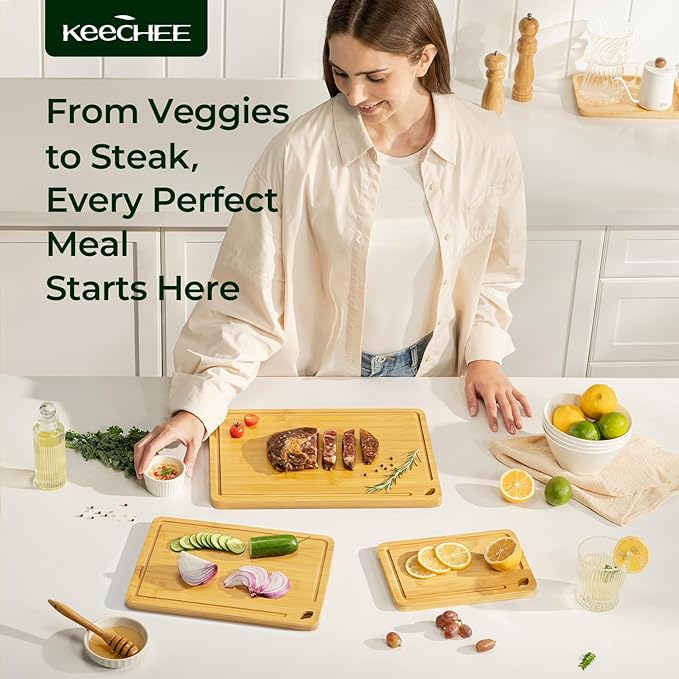 Wood Cutting Board for Kitchen - Reversible Bamboo Cutting Boards Gift Set of 3 with Juice Groove, Wooden Chopping Board for Meat, Fruit, Vegetables & Cheese (Pre Oiled, Natural)