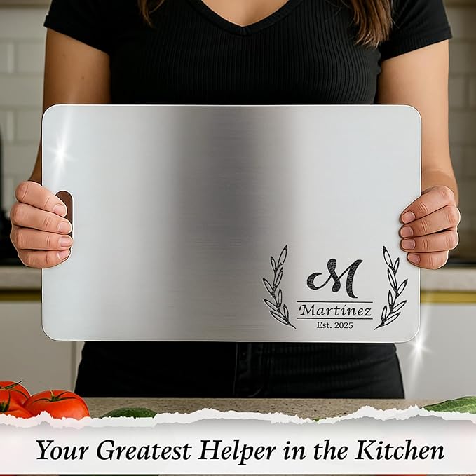 Personalized Titanium Cutting Board, 100% Pure Titanium, Stainless Steel board, Double-Sided Cutting Boards for Kitchen, Custom Engraved Gift for mom, wife, parent, birthday, anniversary, or Christmas