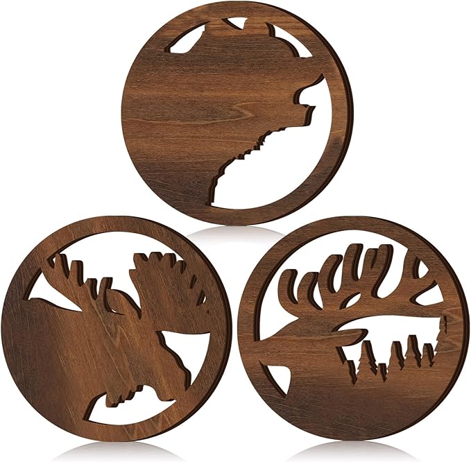 3 Pcs Bear Deer Moose Trivets for Hot Dishes, Wooden Decorative Trivets Cabin Theme Pot Holders Heat Resistant Hot Pad Rustic Lodge Kitchen Home Decorations, 7.9 Inch