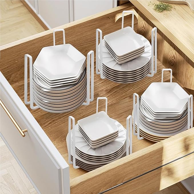 Dinnerware Bowl Plate Holder Fit for 6.5 Inches Diameters Bowl, Metal Bowl Storage Dying Display Rack for Kitchen Drawer, Countertop, Cabinet, Shelf, Cupboard (White, Large 2PCS)