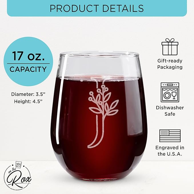 On The Rox Drinks Monogrammed Gifts For Women and Men - Letter A-Z Initial Engraved Monogram Stemless Wine Glass - 17 Oz Personalized Wine Gifts For Women and Men (J)