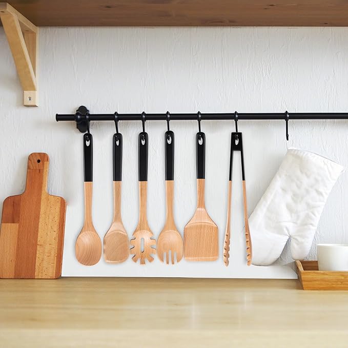 Wooden Spoons For Cooking, 6 PCS Natural Beech Wooden Cooking Utensils with Hanging Hole, Smooth Grip, Kitchen Essentials, Black