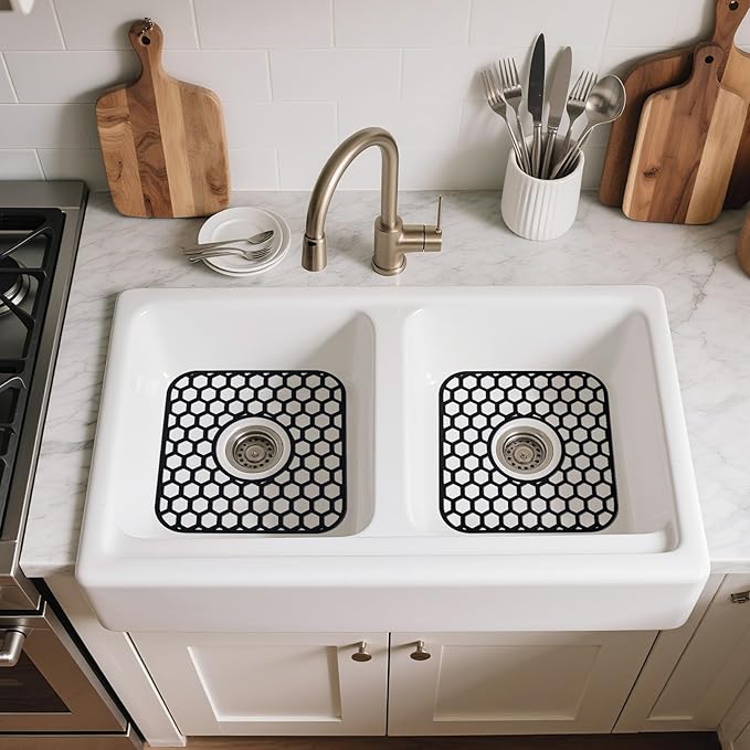 Silicone Sink Protectors for Kitchen Sink - 12" x 11" Kitchen Sink Grid Accessory, Non-Slip Heat-Resistant Mat for Bottom of Porcelain Stainless Steel, Dishwasher Safe (Black)