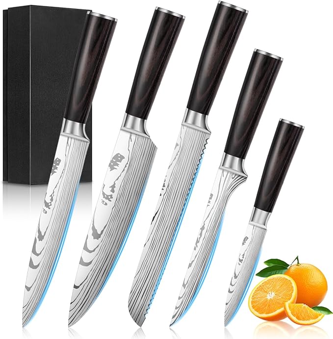 5-Piece Premium Japanese Kitchen Knife Set - Imperial Collection, Laser Damascus Pattern, 440A Stainless Steel Ultra Sharp for Fast Cutting (Redwood 5B)
