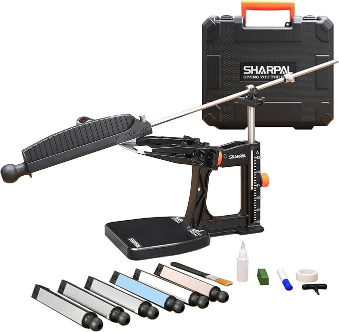 SHARPAL 202H Precision Knife Sharpening System–Adjustable Angle 10–35° Knife Sharpener Kit with 7 Abrasive Plates (Diamond 220/325/600/1000, Whetstone 3000/6000, Leather Strop) and Giftable Carry Case