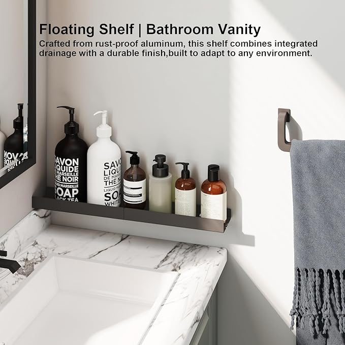 Epock 16" Floating Shelf for Wall Metal Heavy Duty Wall Mounted Shelf Screw-in with Anti Fall Lip,Rust-Proof for Bathroom, Kitchen, Living Room, Bedroom-Matt Black 2 Pack