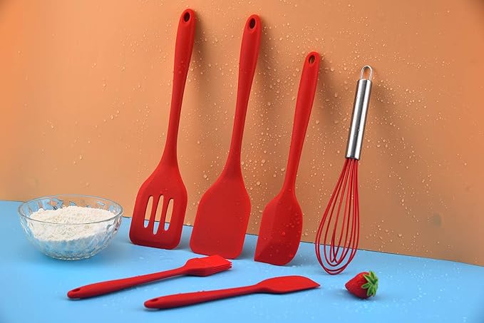 Gullor Silicone Kitchen Utensils Baking Tool Set, Cooking Spoon, Spatula, Whisk, Brush, Scraper, 6 Pieces in Set, Red