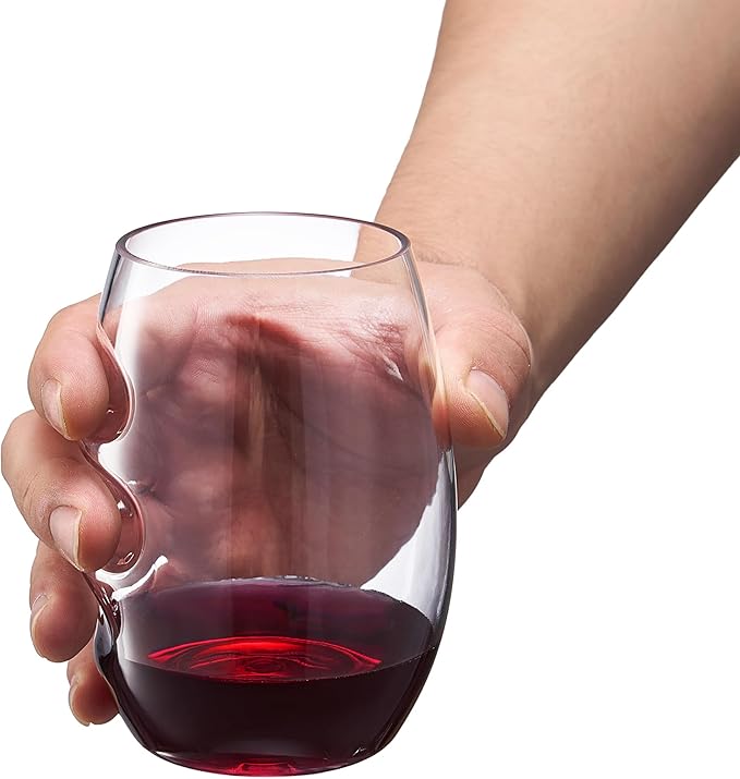 Unbreakable European Plastic Crystal, Stemless Wine Glasses | Set of 4, 13.5 OZ | Acrylic Tritan Set with 3-Finger Indentations - Clear Short Tumbler Set, BPA Free, Reusable, Naturally Aerates Wine