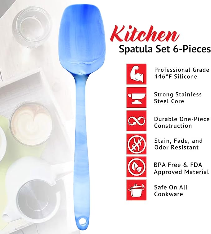 Premium Silicone Marbled Spatula Set of 6 – 446°F Heat-Resistant One-Piece Steel Core, Non-Stick Kitchen Tools for Baking, Cooking & Mixing – Dishwasher Safe (Blue)