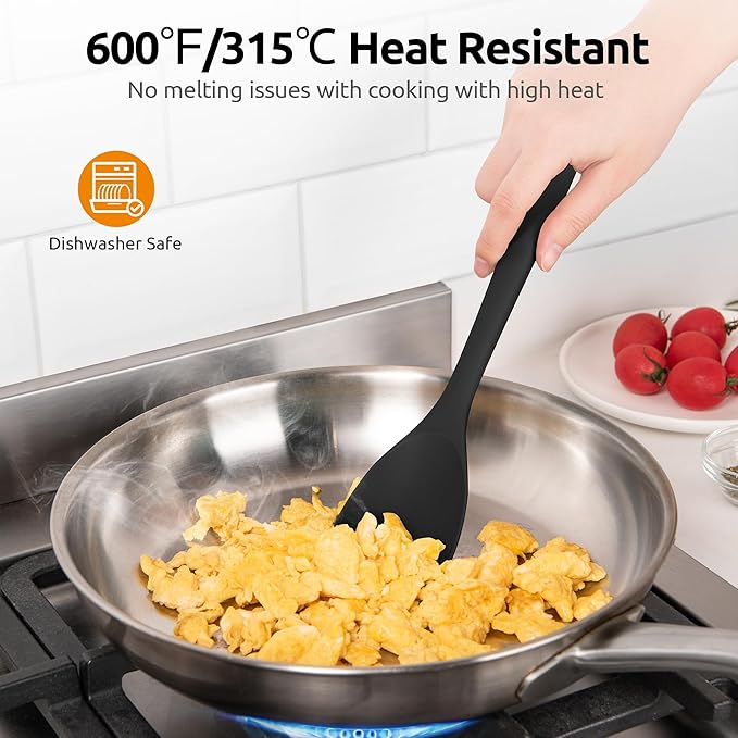 600ºF Heat Resistant Spatula Spoon: U-Taste Flexible Silicone Cooking Scoop Spoonula, Serving Mixing Scraping Food in Non-Stick Pan Cookware, Seamless Multifunctional Kitchen Utensil (Black)