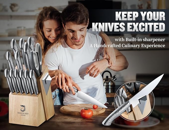 14 PCS Knife Set with Wood Block - Stainless Steel Kitchen Knife Block Set with Built in Sharpener, Dishwasher Safe, Rust Resistant, Non-Slip Ergonomic Handle - Gift for Men Women and Housewarming