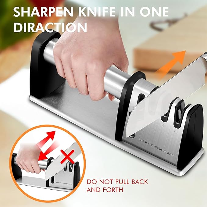 Kitchen Knife Sharpener – 4-in-1 Knife Sharpening System for Scissors, Knives, Blades – Sharpening Tool with Ergonomic Handle and Anti-Slip Base – Tungsten Steel Blade Sharpener