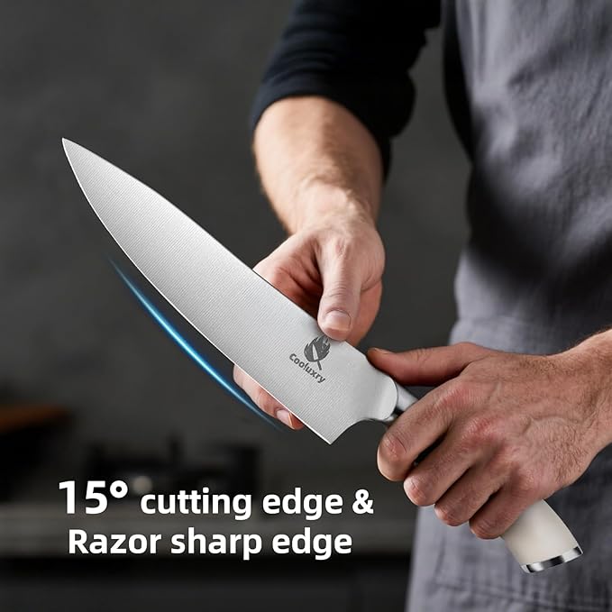 Professional White Chef Knife - 8 Inch High Carbon Stainless Steel Kitchen Knife with Ergonomic White Handle for Precise Cutting